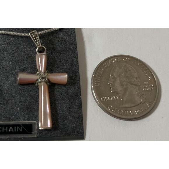 Sterling Silver 18” Chain With Pink Inlay Cross.. - Picture 3 of 6
